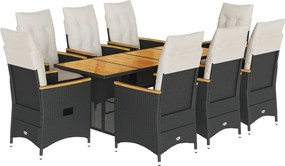 vidaXL 9 részes fekete polyrattan kerti étkezőgarnitúra párnákkal