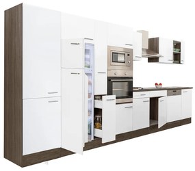 Yorki 430 konyhabútor yorki tölgy korpusz,selyemfényű fehér fronttal felülfagyasztós hűtős szekrénnyel