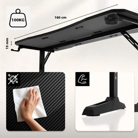 Gamer asztal, elektromos íróasztal Hero fekete carbon 160 × 60 cm
