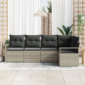 5 darabos Kertibútor szett párnákkal Világosszürke Poli rattan, 2 személyes Kertibútor párnákkal Szürke Poli rattan