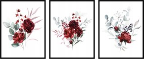 Rózsa virágok csokor 3db 30x40cm poszter grafika botanika levelek természet