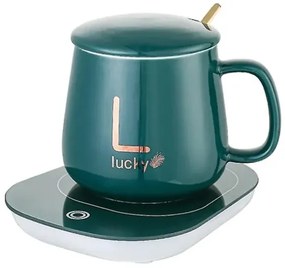 Kerámia bögre készlet elektromos melegítővel ajándékdobozban - Lucky - zöld