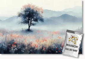 Fotótapéta Flizelina Tájkép Hegyek Rét Virágok Fa Köd 350x250 ragasztó