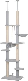 PawHut Padlótól a Mennyezetig Érő Macska Karfa 225-255 cm 7-Szintes Macska Kaparó Torony Hintaágyakkal, Platformokkal, Zsinórral és Labdával Szürke |