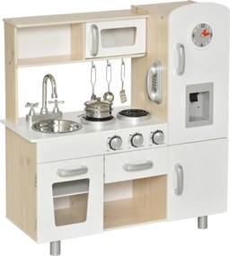 HOMCOM Gyerek Konyha Tartozékokkal, Álomtársasjáték Konyha, Játék Konyha 3 Éves Korú és Annál Idősebb Gyerekeknek, Fenyő, MDF, Fehér, 74 x 30 x 81 cm