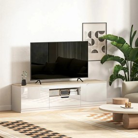 TV-szekrény, 160 x 38 x 43 cm akár 65"-os tévékhez, 3 rekesszel, fiókkal, natúr fa