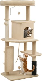 PawHut Macska Kaparófája 132 cm Magasságú Macska Torony Platformokkal, Kefével és Lógó Golyókkal Bézs | Aosom