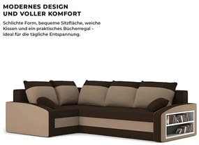 Grande sarokkanapé polcokkal , polc a jobb karfaban, baloldali, szövet anyag, bonell töltet, barna