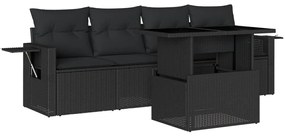 5 részes fekete polyrattan kerti kanapészett párnákkal