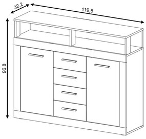 LUNA MIDI B Komód 2 ajtó/4 fiók Old wood/ szürke színben