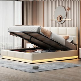 Kárpitozott ágy 180x200 Franciaágy Hidraulikus emelő Led bézs