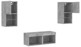 4 darab betonszürke falra szerelhető TV-szekrény LED-del