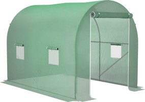 Outsunny Kert Alagút Üvegház 6 m² Földi Felület 3L x 2W x 2.10H m Erősített Csöves Váz Cipzáras Ajtóval és 4 Felhúzható Ablakkal Zöld | Aosom