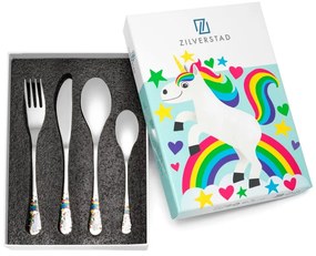 Ezüstszínű rozsdamentes acél gyerek evőeszköz készlet 4 db-os Unicorn – Zilverstad