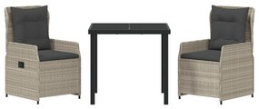 3 Darab Kert Étkező Készlet Világosszürke Poli Rattan, Asztal Fekete 80x80x73 cm Edzett Üveg