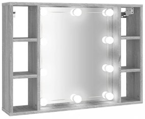 szürke sonoma színű tükrös szekrény LED-ekkel 76 x 15 x 55 cm