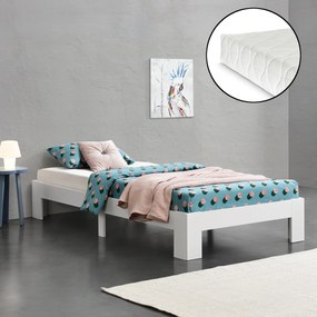 [en.casa] Fa ágykeret Raisio 120 x 200 cm dupla ágy 150 Kg fenyőfa/forgácslap matt fehér ágyráccsal és matraccal