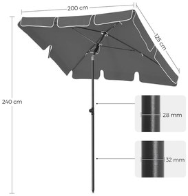 Dönthető napernyő 2x1,25 m, téglalap alakú napernyő táskával, szürke