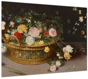 Üveg kép - Jan Brueghel the Elder, Flowers in a Basket and a Vase, reprodukciók (70x50 cm)