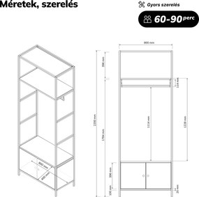 Irodai polc nyitott ruhaakasztó rúddal, recepcióra és váróterembe, fém, fehér, 800x2200x400 mm: ARIEL