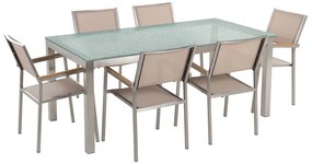 Hatszemélyes étkezőasztal üveglappal és bézs textilén székekkel GROSSETO Beliani