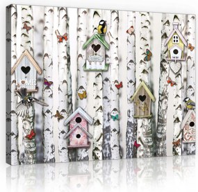 Vászonkép 100x75 Nyírfa etetők pillangók madarak természet otthon meghittség tavasz