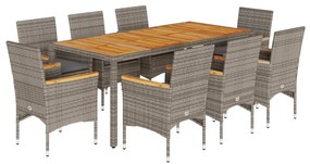 vidaXL 9részes szürke polyrattan/akácfa kerti étkezőgarnitúra párnával