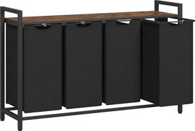 VASAGLE szennyestartó, 4 rekeszes ruhaszeparáló kosár 116×33×72 cm, Fekete és rusztikus barna