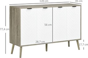 HOMCOM Alacsony Komód, Tárolószekrény, Állítható Polcok, 2 Szekrény, 4 Chevron Ajtó, Konyhába, Étkezőbe, Nappaliba, 120 x 35 x 77,4 cm, Fehér és Szürk