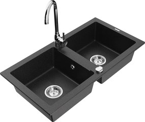 Mexen Mario gránit konyhai mosogató 2 rekeszes Telma csapteleppel, fekete/ezüst - 6504-73-670200-00