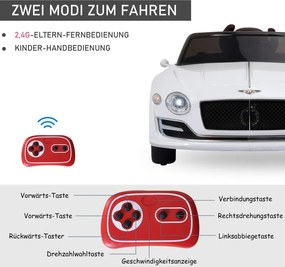 HOMCOM Elektromos gyerekautó Bentley GT, 2.4G távirányítóval, MP3, zene, kürt, LED fények, fehér