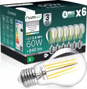 6x Led Izzó E27 Filament A Osztály 3,8W 840LM 60W 4000K 360° Lumiled