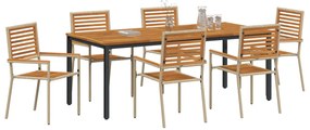 7 Részes Kerti Étkezősor Bézs Poli Rattan Akáciából, Egymásra Rakható Kerti Székek Párnákkal - 2-es Készlet Bézs Poli Rattan, Kerti Asztal 200x90x75 cm Szilárd Akácfa és Fém