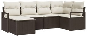 6 Részes Kerti Kanapé Szett Párnákkal Barna Poly Rattan, 2-Fős Kerti Kanapé Párnákkal Barna Poly Rattan