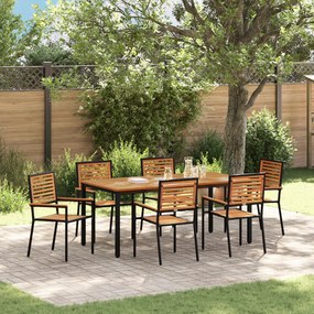 7 részes kerti étkező garnitúra Fekete Poli Rattan Akác, Egymásra rakható kerti székek párnákkal 2 db Fekete Poli Rattan, Kerti asztal 180x90x75 cm Szilárd Akácfa és Fém