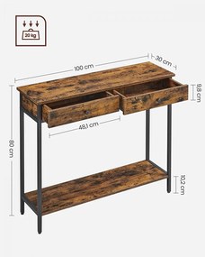 Konzolasztal fiókokkal, rusztikus barna 100x30x80cm