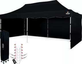 Párty sátor 3x6m Keresztvázas (3 fal) - Acél szerkezet és ponyva 330g/m² - plusz 3 oldalfal - Fekete