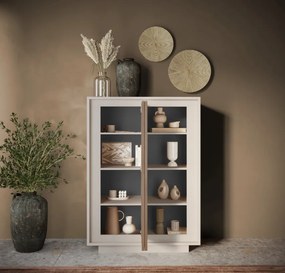 SKY 2.0 magas komód, 2 ajtóval, kasmír vázzal és Mercuri tölgy mintázatú laminált előlapokkal