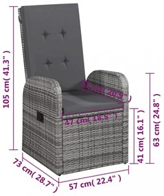 2 db szürke dönthető háttámlás polyrattan kerti szék párnával