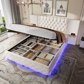 Franciaágy Kárpitozott ágy 160x200cm Led Usb Hidraulikus Bézs