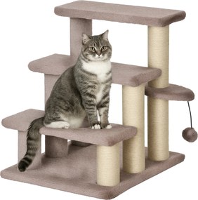 PawHut 3-Lépcsős Macskalépcső Kaparóoszloppal és Játékgolyóval Maximum 5 kg, Plüss Juta Barna 45 x 40 x 48 cm | Aosom