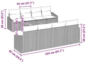 9 darabos kerti kanapé szett párnákkal, fekete poli rattan akáccal