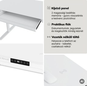 Elektromos ülő-álló íróasztal fiókkal és Qi vezeték nélküli töltővel fehér, 1200 mm: ELLIS