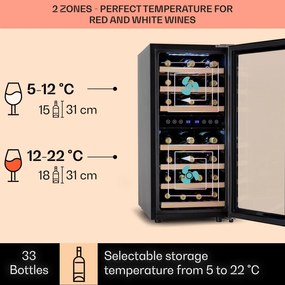 Klarstein Vinamour 33 Duo, borhűtő, 89 liter, 33 palack, 2 zóna, 5-18 °C, érintésvezérlés