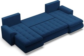 Tokio U alakú sarokkanapé, 3 ágyneműtartóval, bársony, univerzális oldal, kék