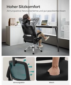 irodai szék, ergonomikus, hálós szék deréktámasszal és állítható fejtámlával, fekete