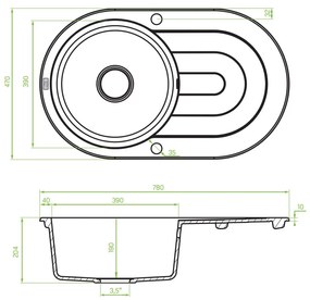 Laveo Dafne, 1 kamrás gránit mosogató 780x470x204 mm, fekete, LAV-SBD_781T