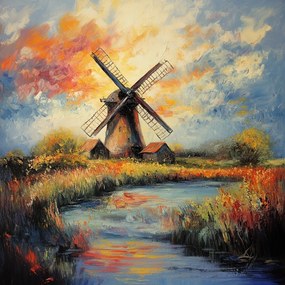 Vászonkép Canvas Tájkép Hollandia Szélmalom Naplemente Tó 80x80