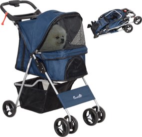 PawHut Összecsukható Kutyakocsik Kis Háziállatok Számára Állítható Napernyővel, Tárolókosárral, 2 Univerzális Kerekekkel, 15 kg Teherbírás, 75x46x94 c