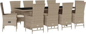 vidaXL 11 részes bézs polyrattan kerti étkezőgarnitúra párnákkal